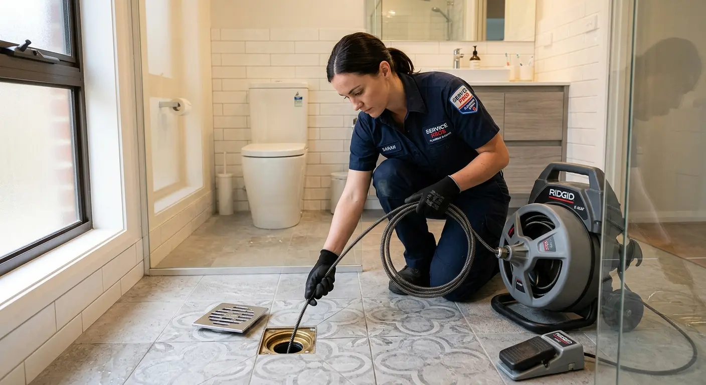 Technician clearing a bathroom floor drain for Sewer Line Installation in Windsor